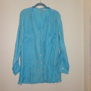 Jeanology 100% Silk Turquoise Long Sleeve Tunic Top Ruffle Trim - Size 12